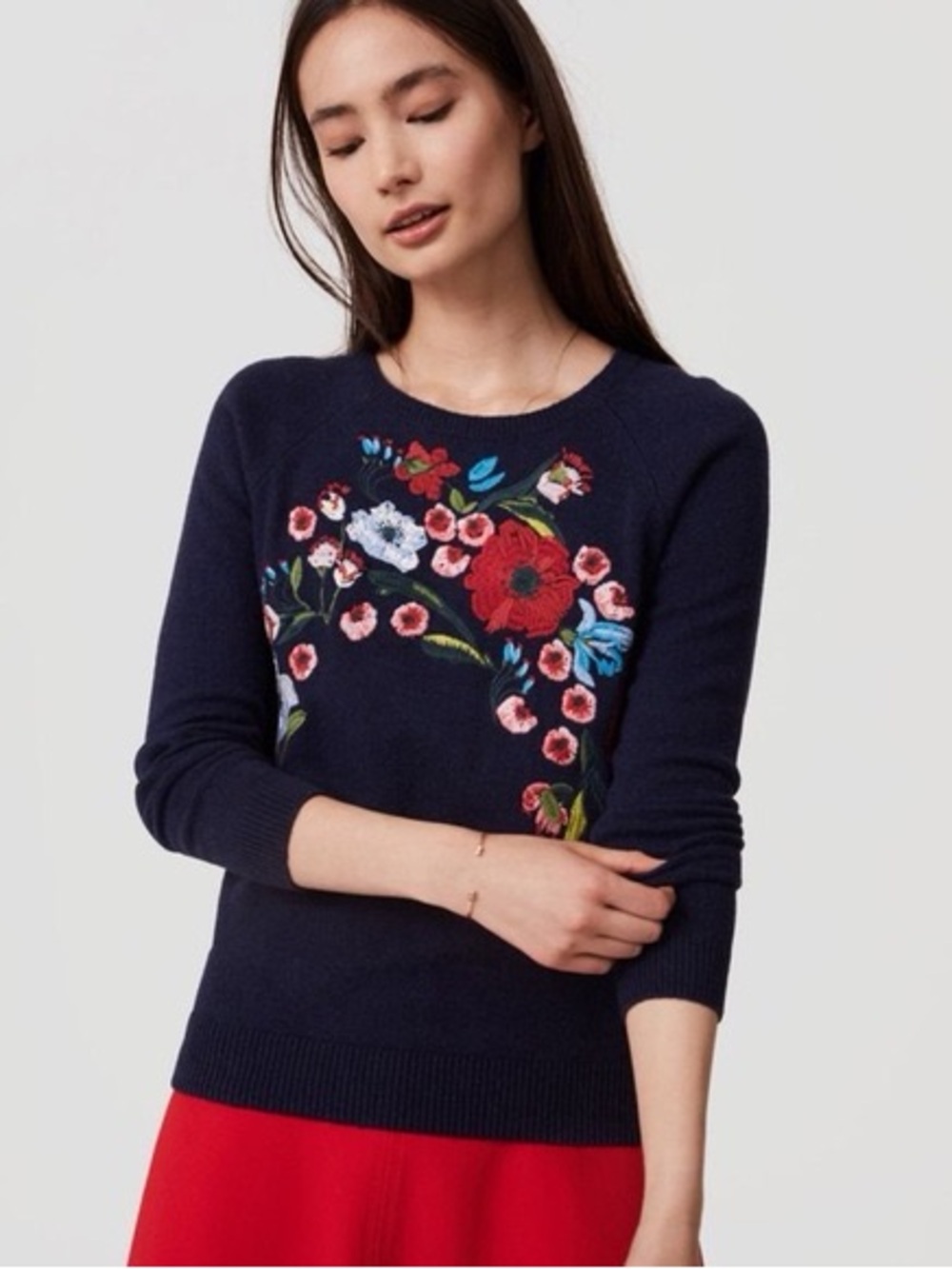 LOFT Navy Crewneck Sweater with Multicolor Floral Embroidery